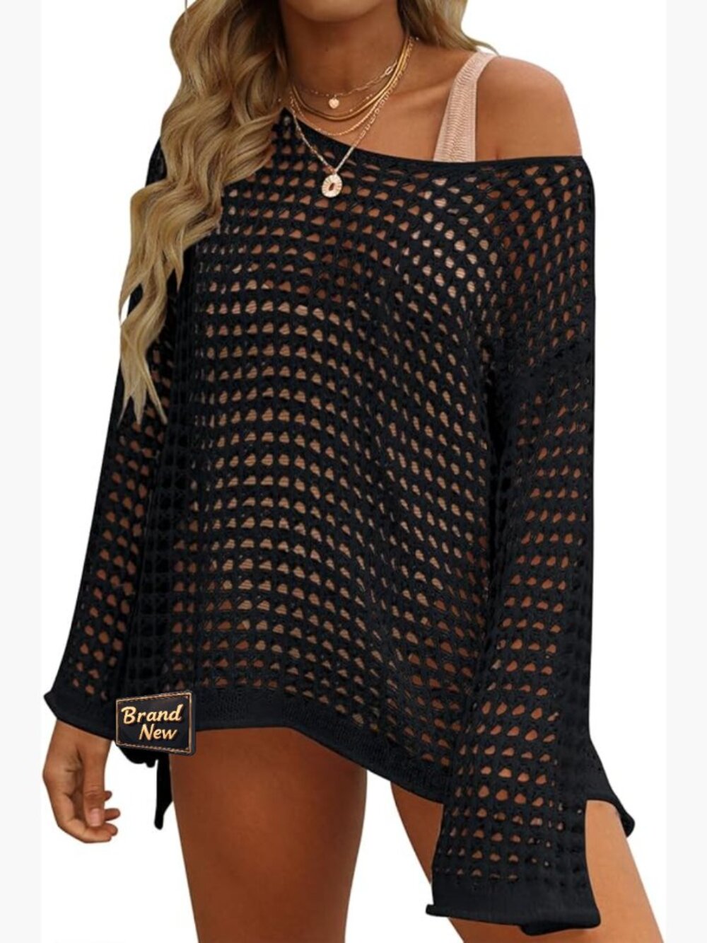 Crochet Hollow Out Long Sleeve Mesh Cover Up Tunic Top